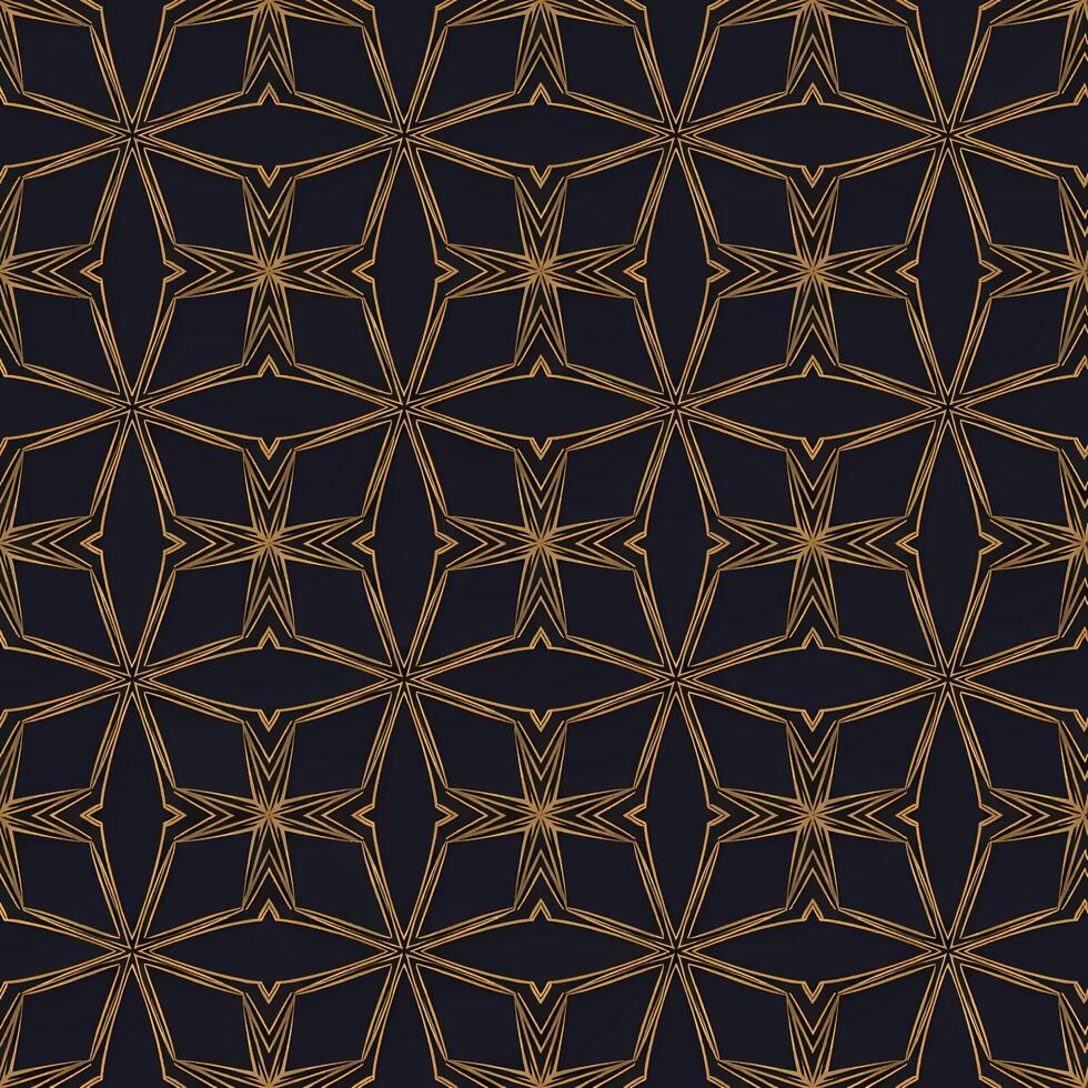 Elegant abstract geometric star pattern in gold on a dark background. Seamless design vector