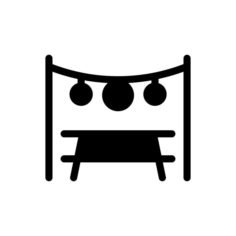 A line style icon of decorations strung over a table, symbolizing a party location setup. vector