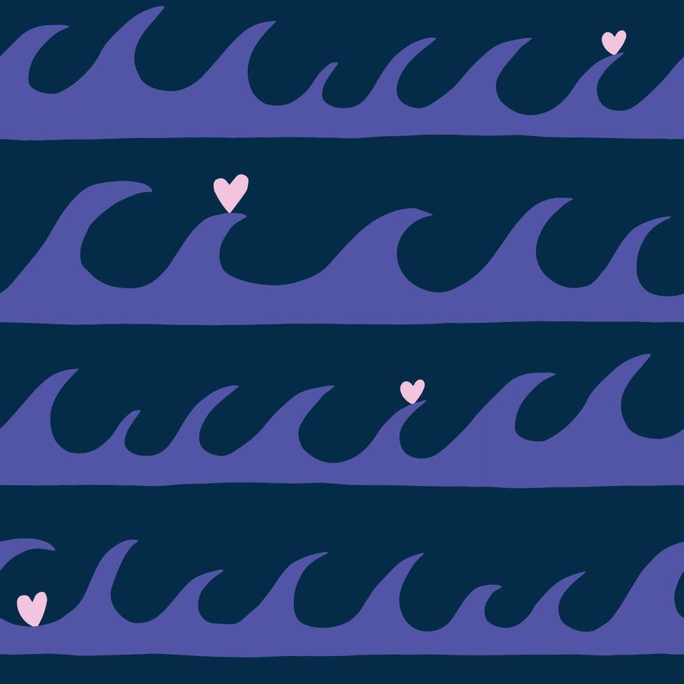 Abstract Ocean Wave Seamless Pattern with Hearts in Minimal Style in dark tones vector