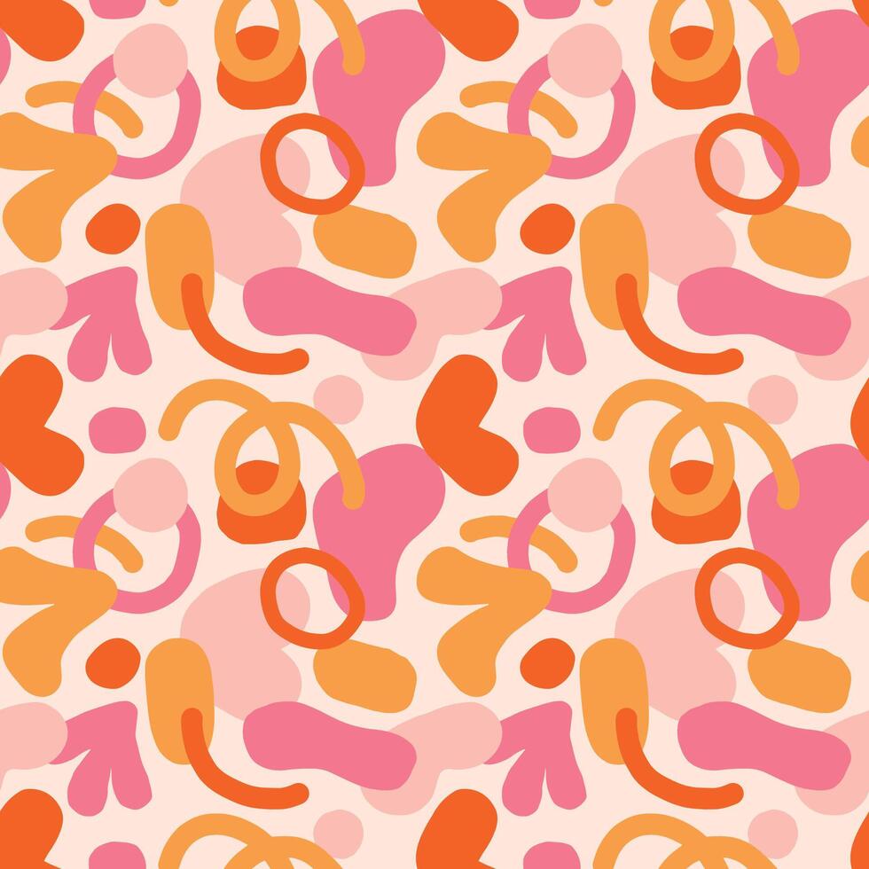 Abstract seamless pattern featuring hand-drawn, organic blob shapes with soft and fluid outlines in red, pink and yellow vector