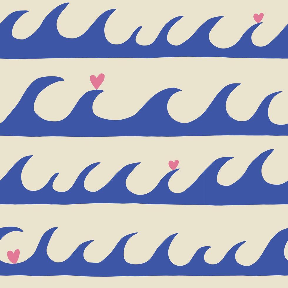 Abstract Ocean Wave Seamless Pattern with Hearts in Minimal Style in White, Pink and Blue vector