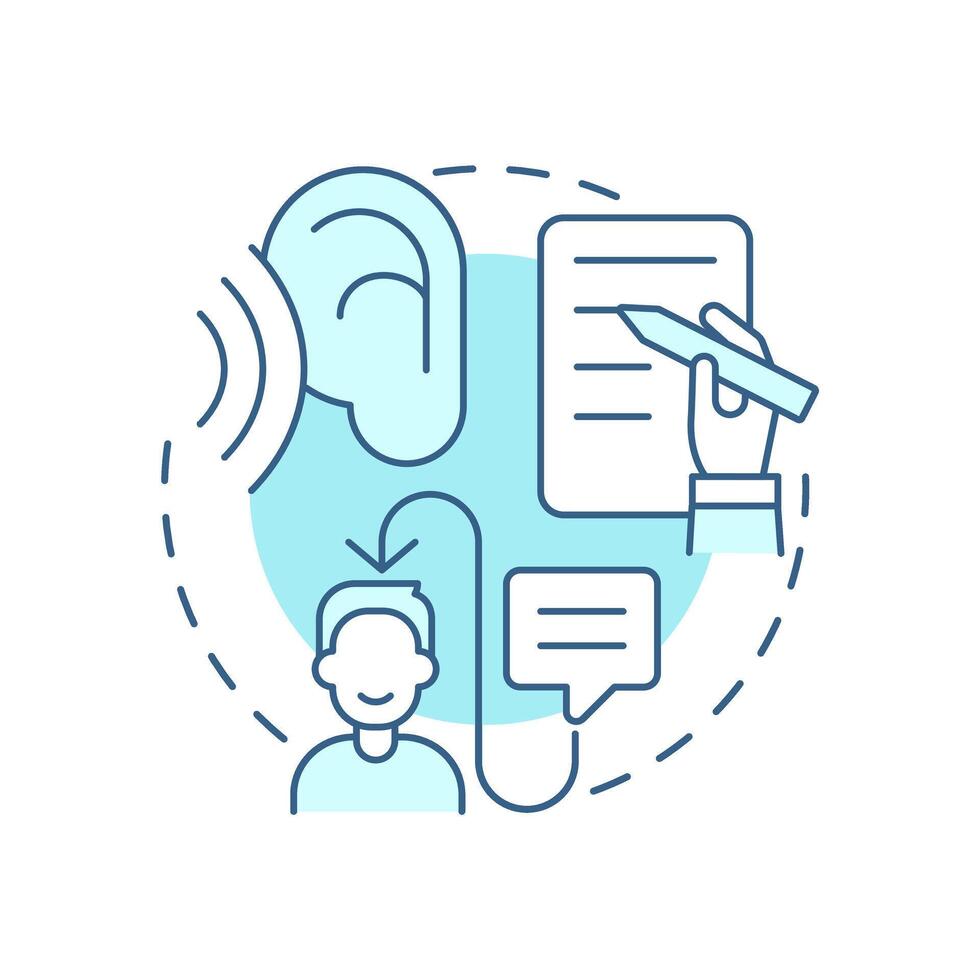 Comprehensive listening soft blue concept icon. Studying process, learning. Document writing. Round shape line illustration. Abstract idea. Graphic design. Easy to use in booklet, blog post vector