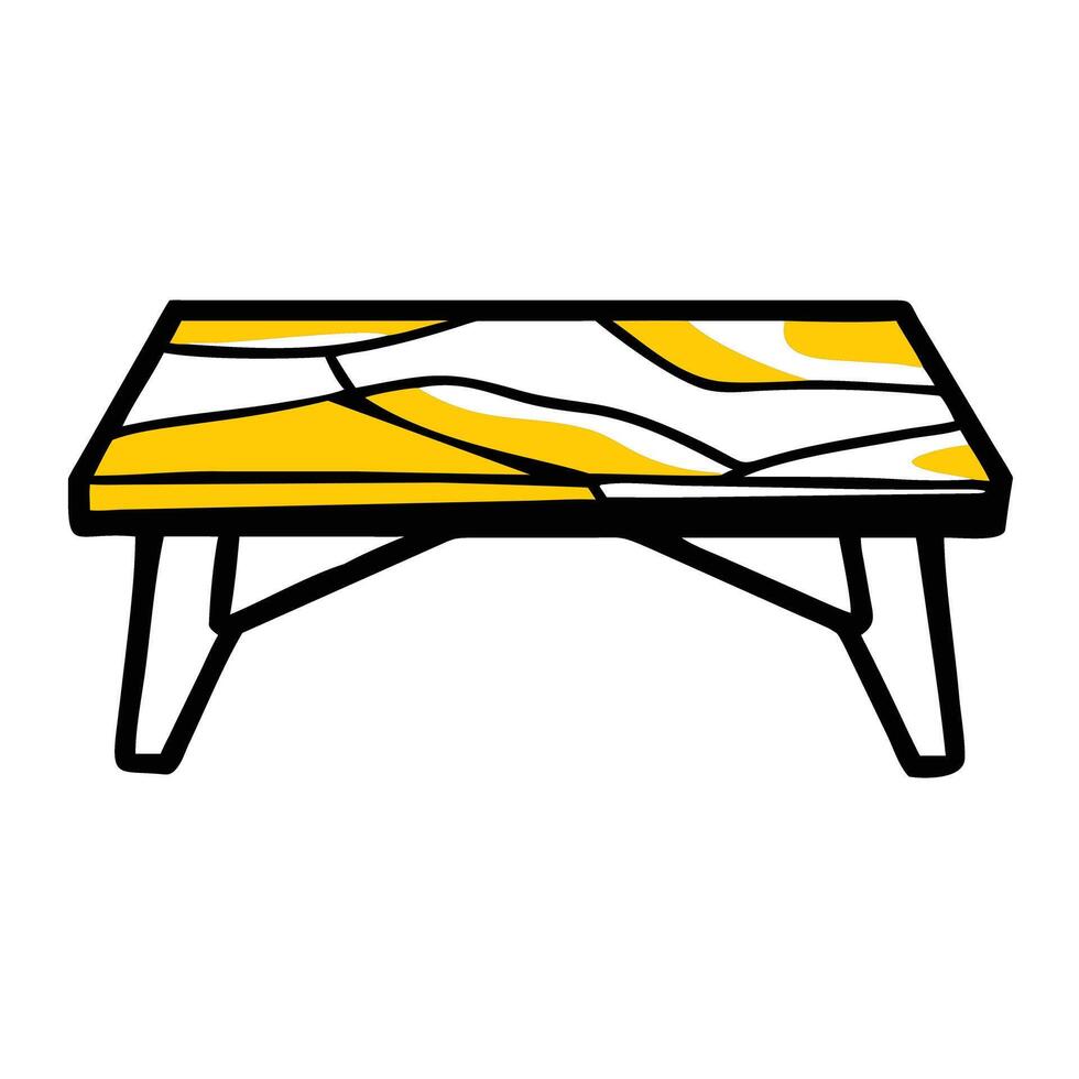 Simple cartoon drawing of a low rectangular table with abstract yellow and white pattern on top and black legs vector