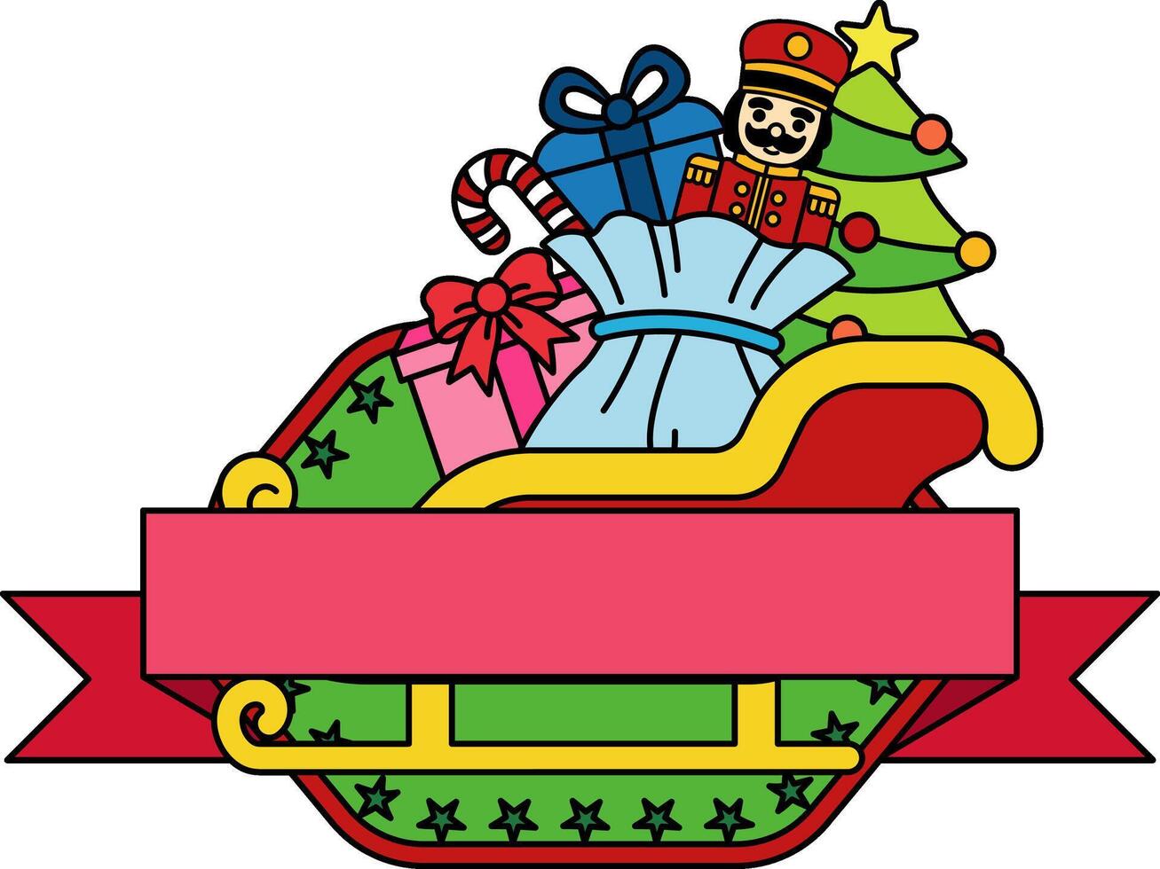 logotype of a Christmas sleigh with a nutcracker and presents vector
