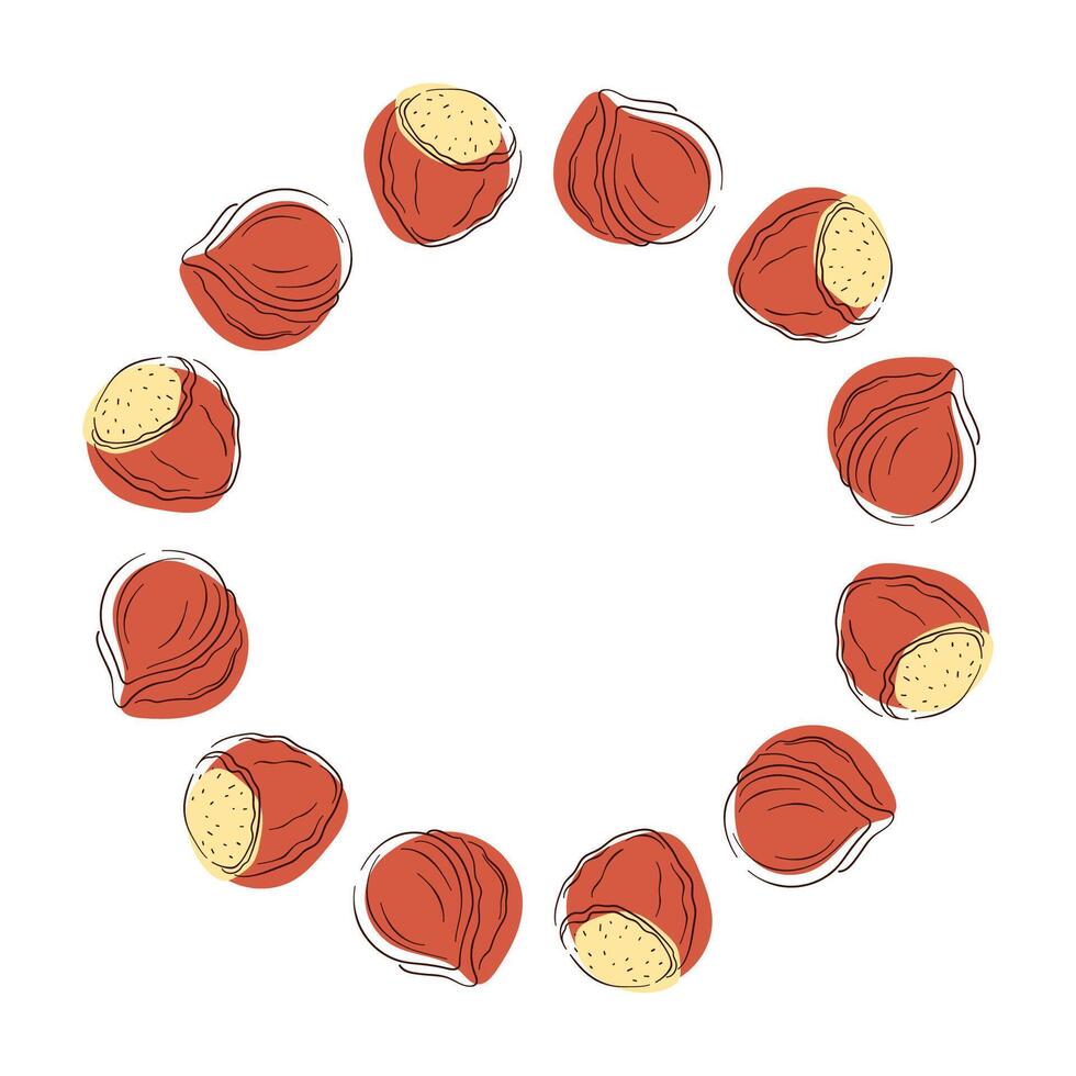 Circular frame with hazelnut arranged on a white background in a flat style. vector