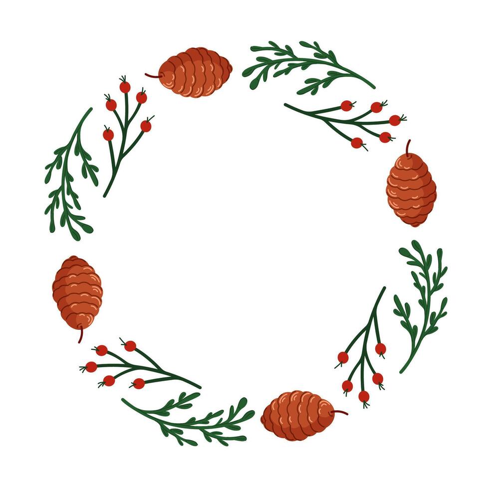 Circular Christmas wreath frame with pinecone, evergreen branch and red rowan berry on white background in flat style. Empty center space for text. vector