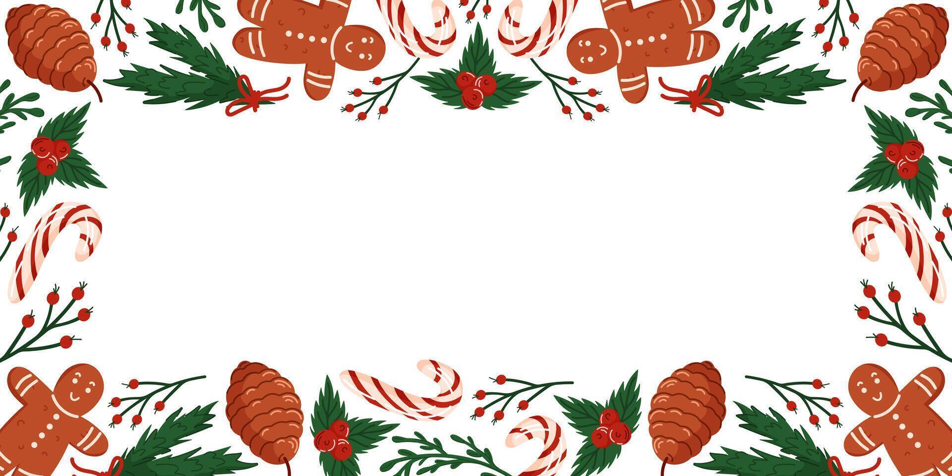 Christmas border frame with gingerbread man, candy cane, pinecone, holly berry and evergreen branch on white background. Banner design with empty center space in flat style. vector