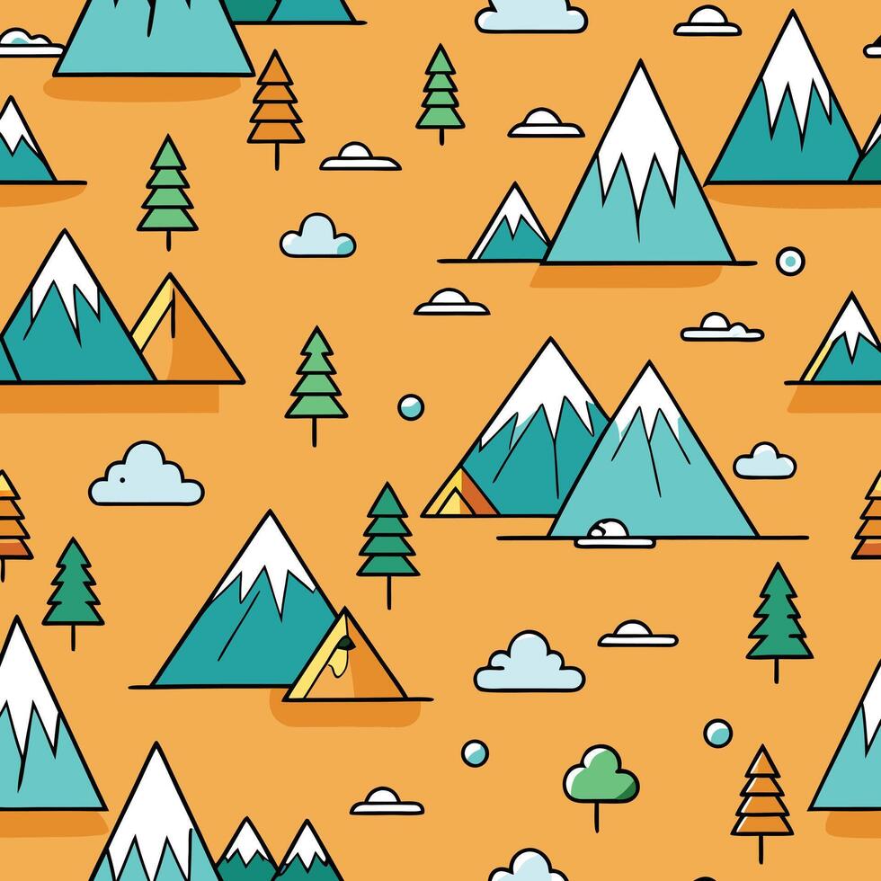 Seamless minimal line art pattern of mountain peaks and clouds abstract repeating design vector