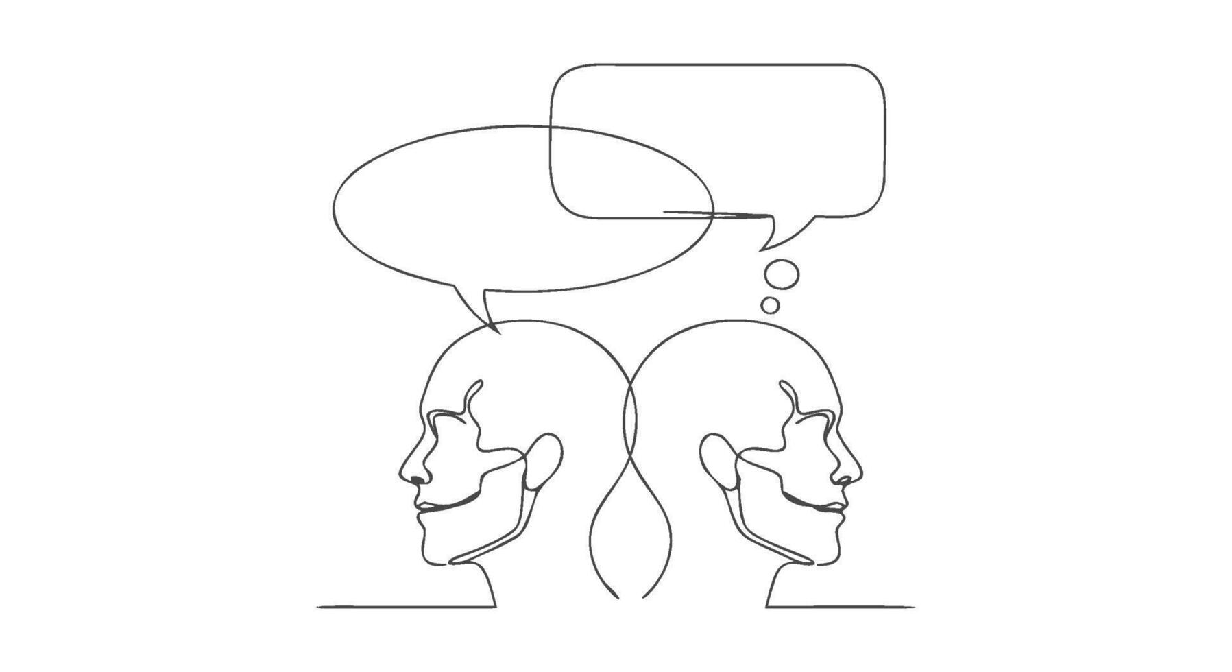 One continuous line art illustration of two heads with speech bubbles, representing dialogue and communication vector