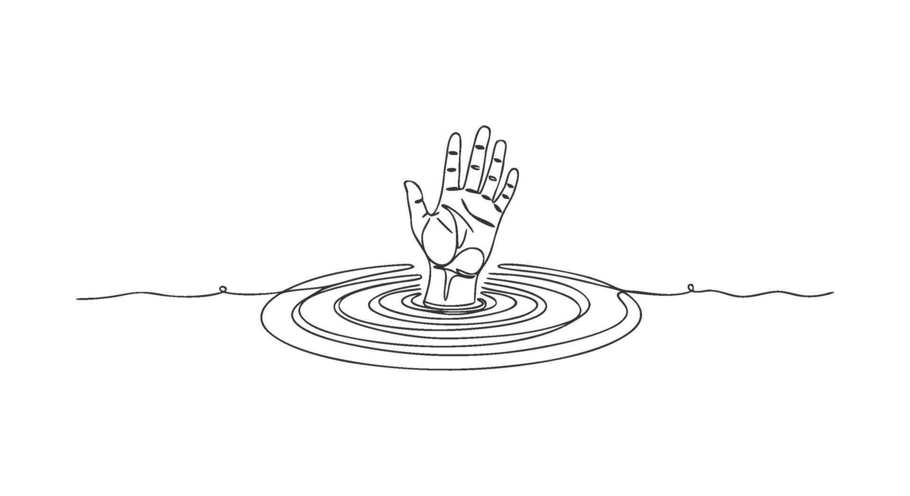 A minimalist one continuous line art illustration of a hand sinking into rippling water, a powerful symbol of drowning and needing help vector