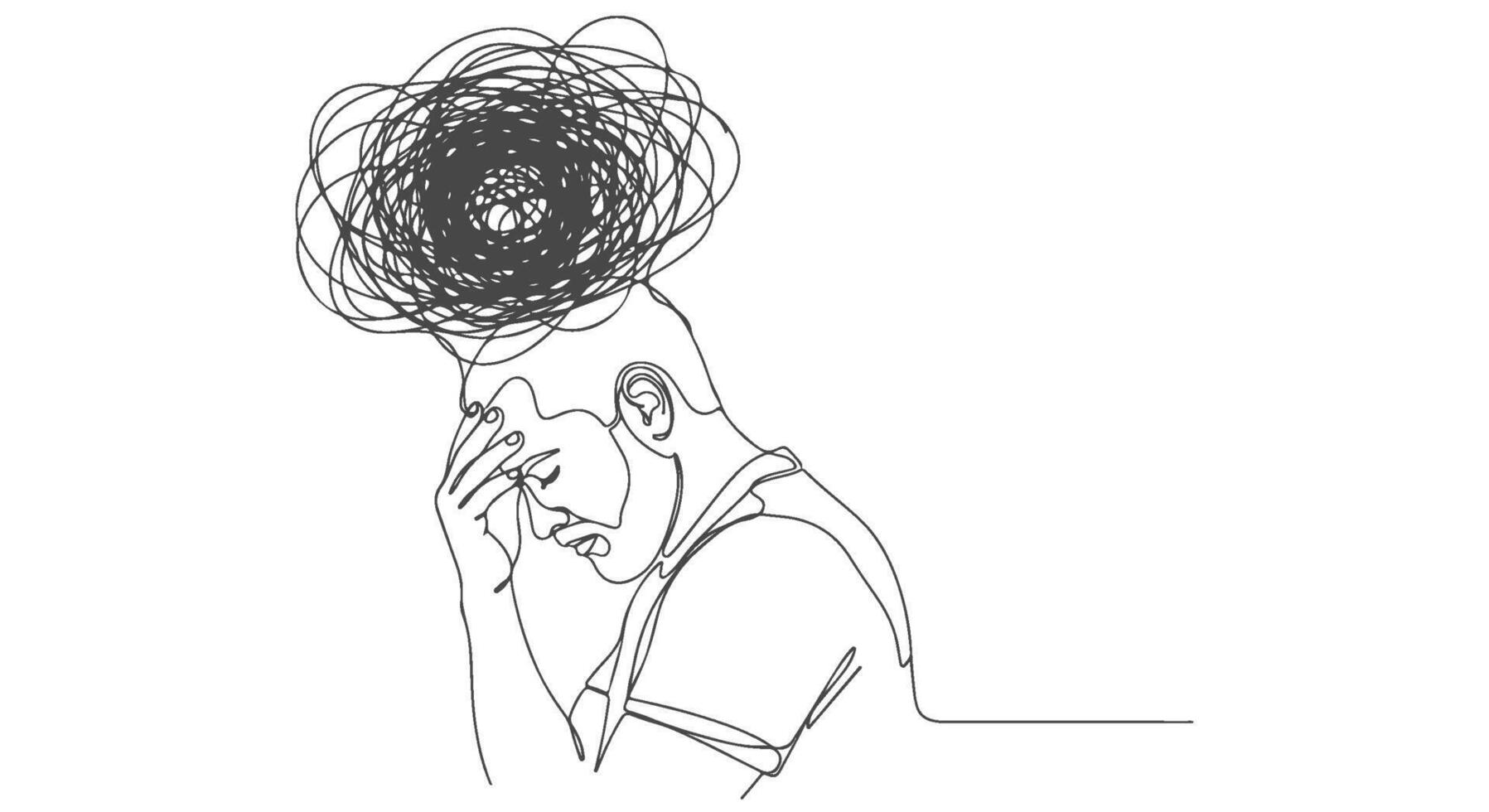 One line continuous illustration depicting a person with a tangled brain, symbolizing stress and anxiety e vector