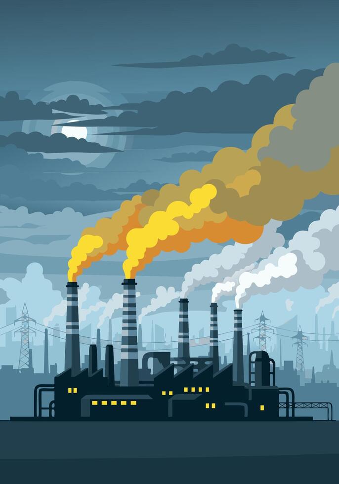 Industrial Pollution and Environmental Concerns A Depiction of Factories and Smoke in a Cloudy Sky vector