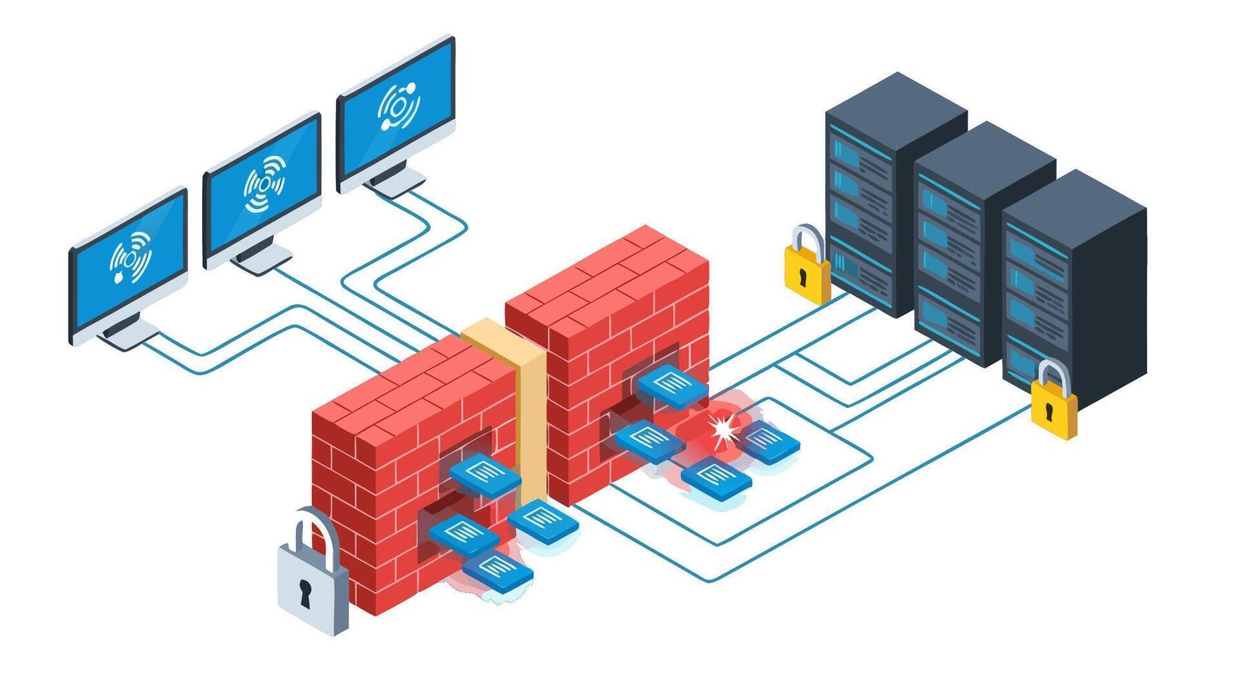 Network security concept with firewalls protecting data and preventing unauthorized access to servers vector