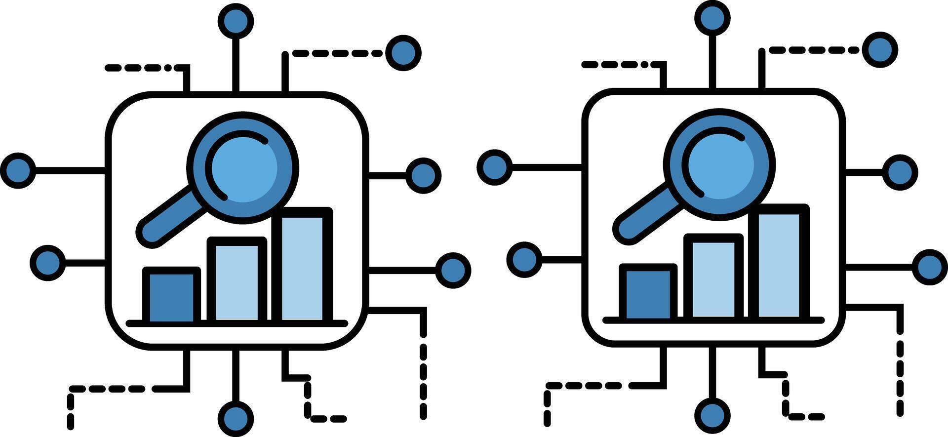 un conjunto de dos moderno íconos representando datos análisis y red inteligencia con un aumentador vaso terminado un bar gráfico vector
