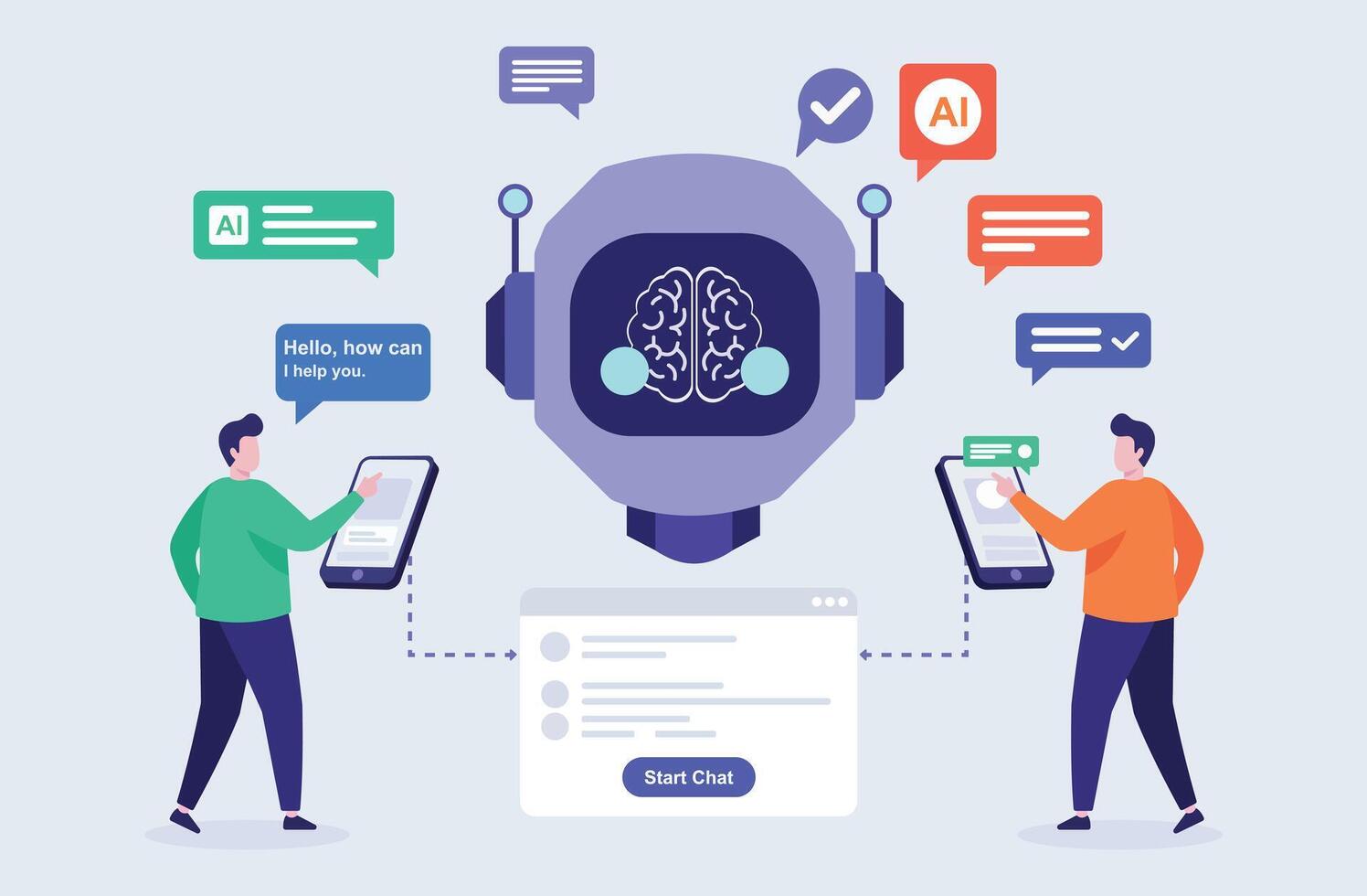 AI-Powered Chatbots and Virtual Assistants Helping Customers in Flat Design vector
