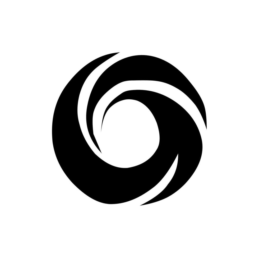 Bold black abstract circular shape with dynamic inner curves suggesting rotation, vortex, movement, or a stylized letter 'O'. vector