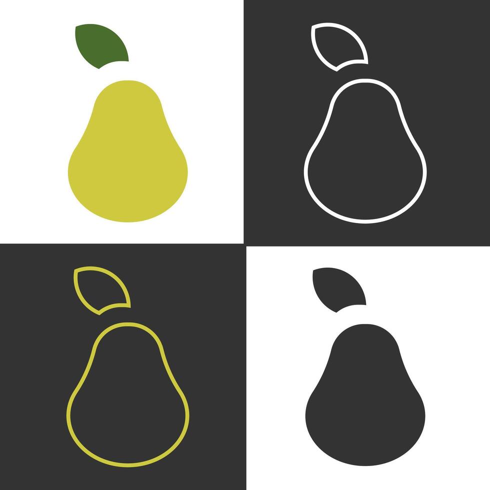 Visual collection showcasing different line icons of pear fruit, featuring various colors and designs. The icons highlight the pear shape against plain backgrounds, emphasizing their simplicity. vector