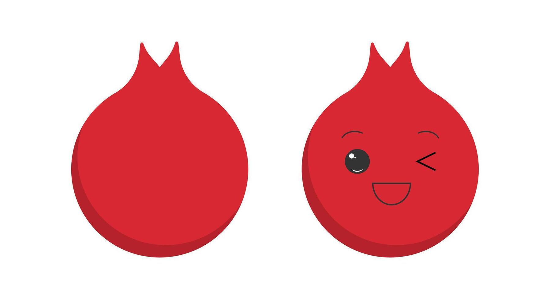 Two simplistic line icons depict garnet fruit in a bright red color. One icon shows a front view with a smile and a wink, while the other features a plain outline, highlighting the fruit shape. vector