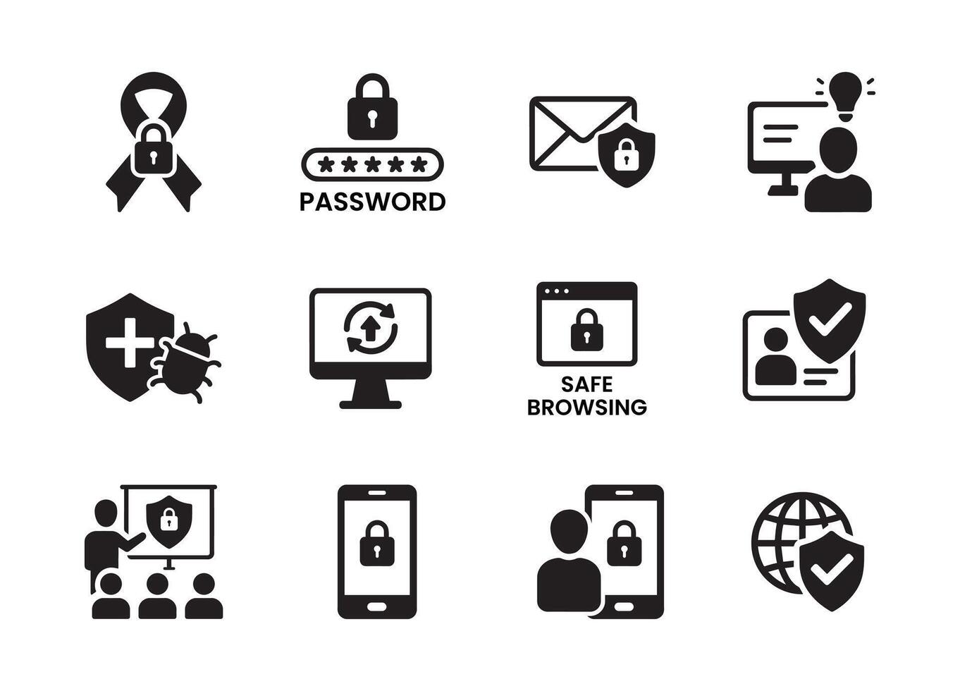 Collection of cybersecurity and data protection icons in a distinctive silhouette style vector