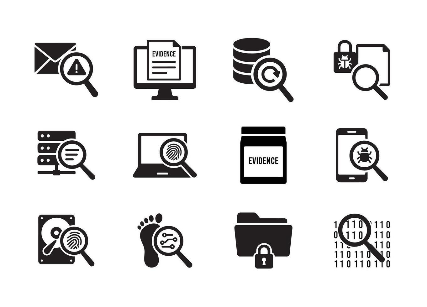 Collection of cybersecurity icons data security and digital forensics investigation silhouette vector