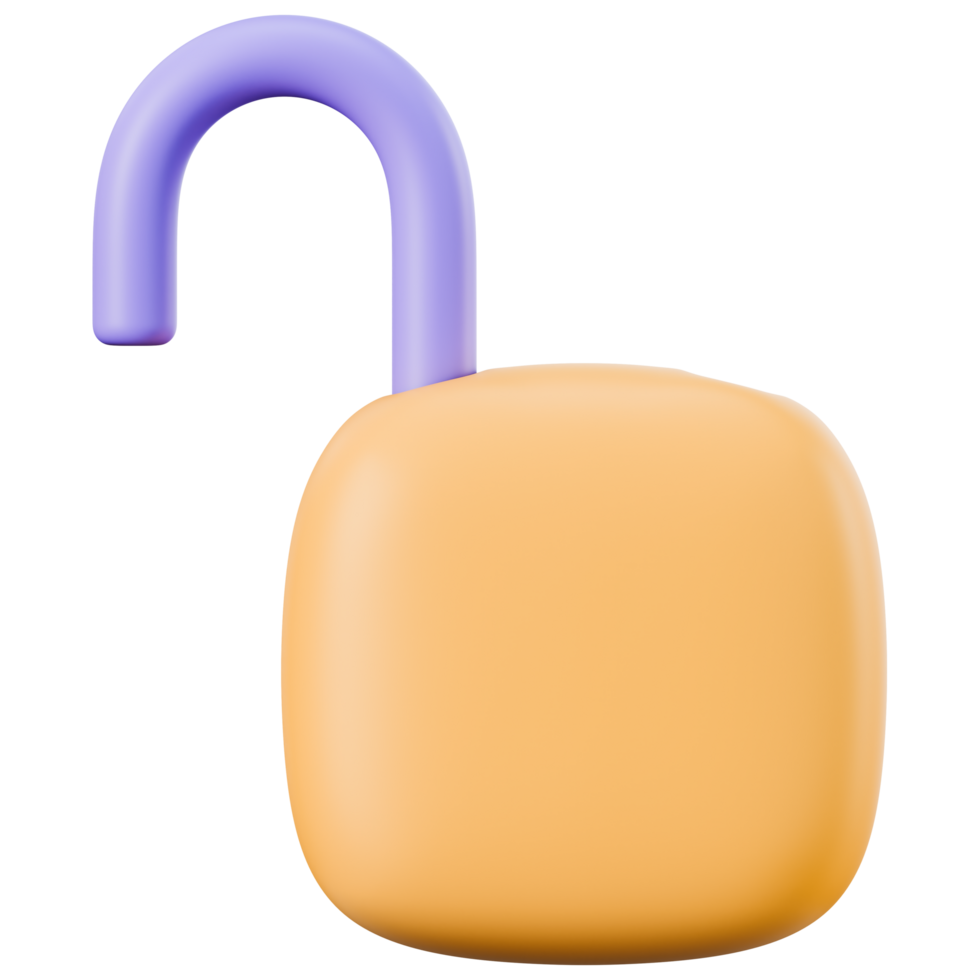 desbloqueado cadeado ícone para segurança, privacidade proteção com Acesso ao controle, autenticação, autorização, criptografia para dados e cíber segurança em rede e rede sistemas, 3d ilustração png