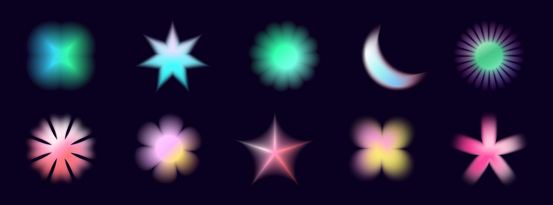 Soft gradient Y2K shapes with blur, sparkles, and holographic fade. Abstract floral and heart icons in pastel pink and blue tones. Ideal for stylish modern backgrounds. vector