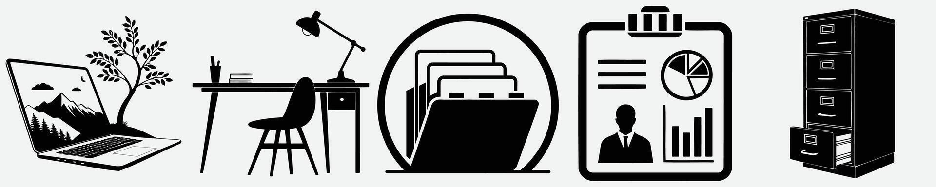 Workplace elements laptop desk computer server and identity card vector