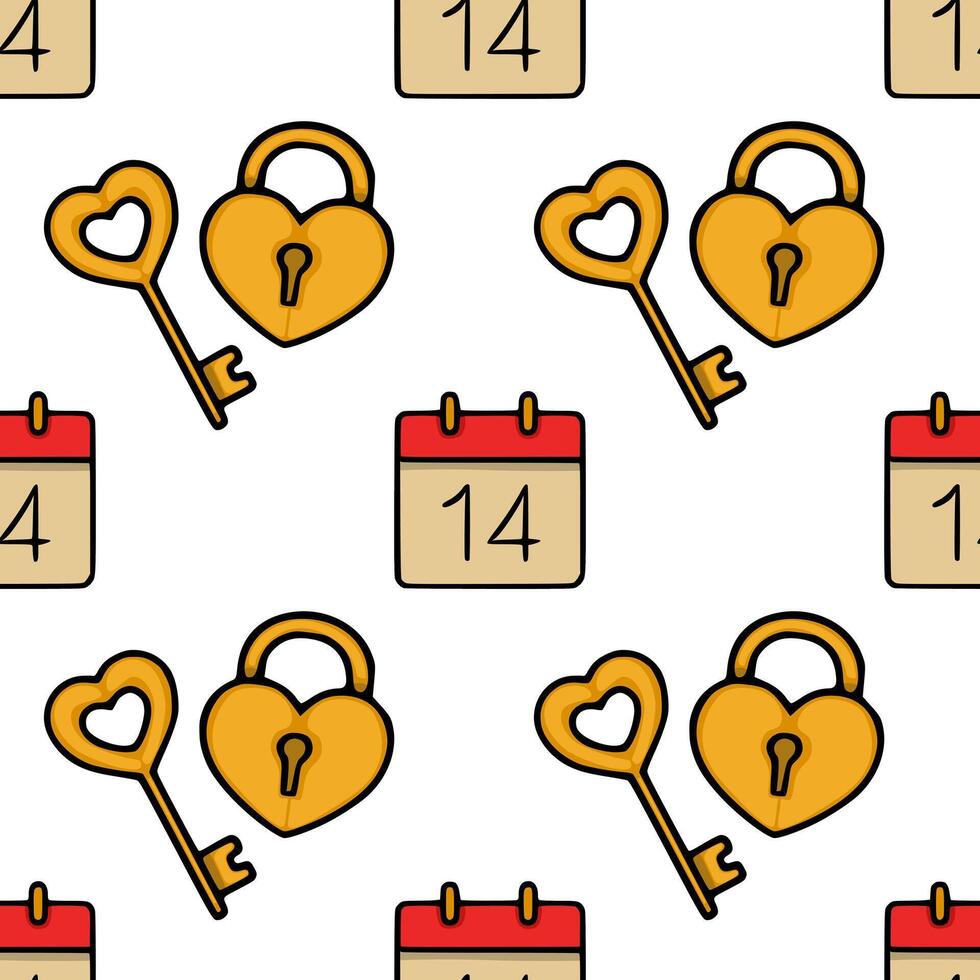 Seamless pattern of heart-shaped locks and keys with calendar icons marking the 14th, celebrating Valentine Day with a warm, golden and red color palette. vector