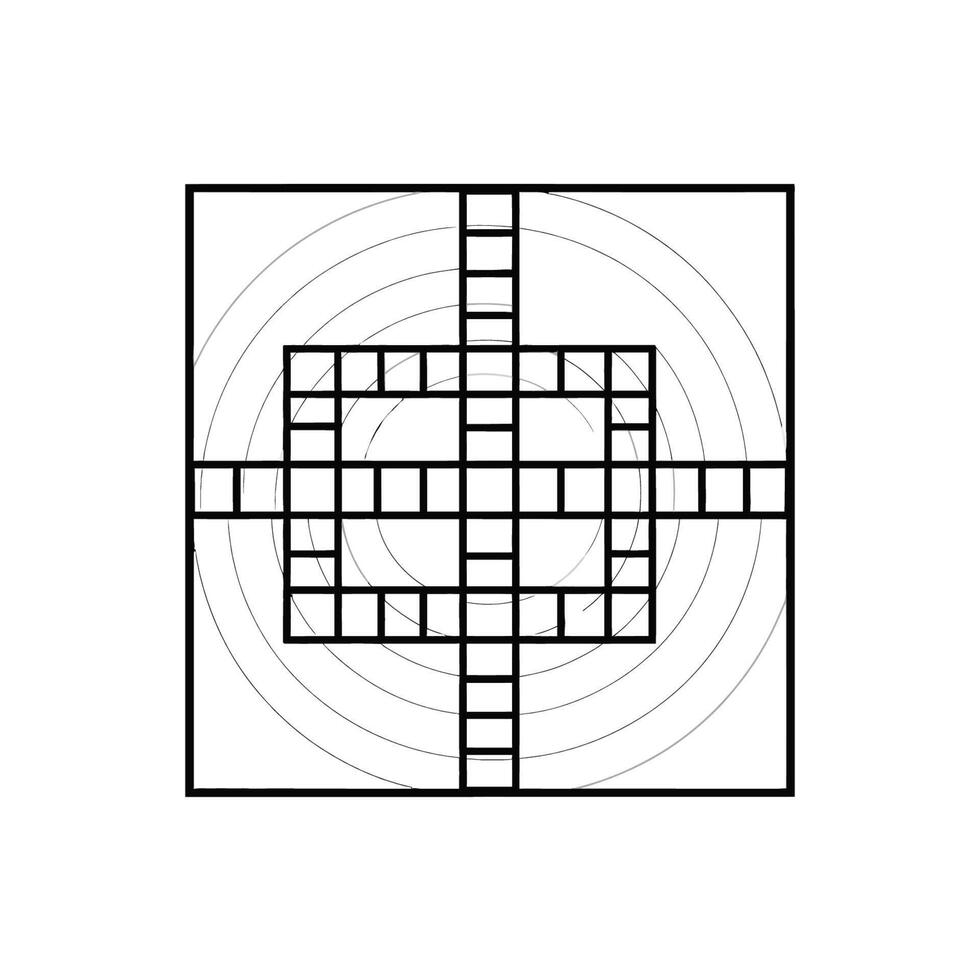 Monochrome schematic symbol featuring a symmetrical grid pattern and circular lines, an abstract icon for technology or precision vector