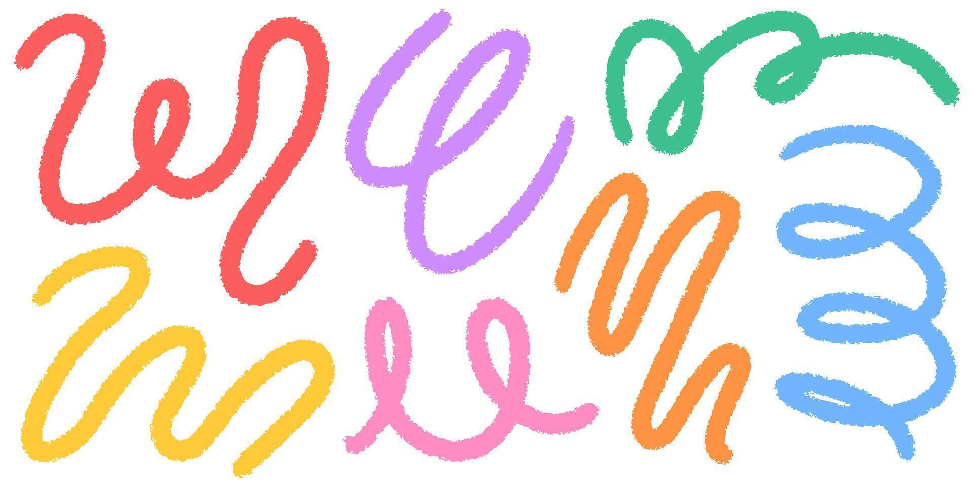 Collection of bright, bold curved lines and loops on a white background. Hand-drawn grunge-inspired waves and swirls with a playful, childlike touch. Artistic doodles in modern style vector