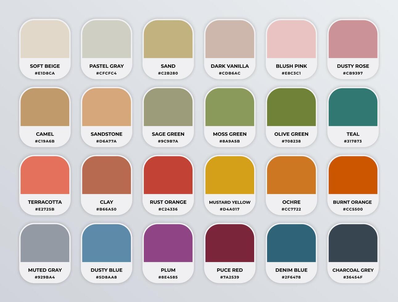 Boho color codes shades guide palette catalog with color names vector