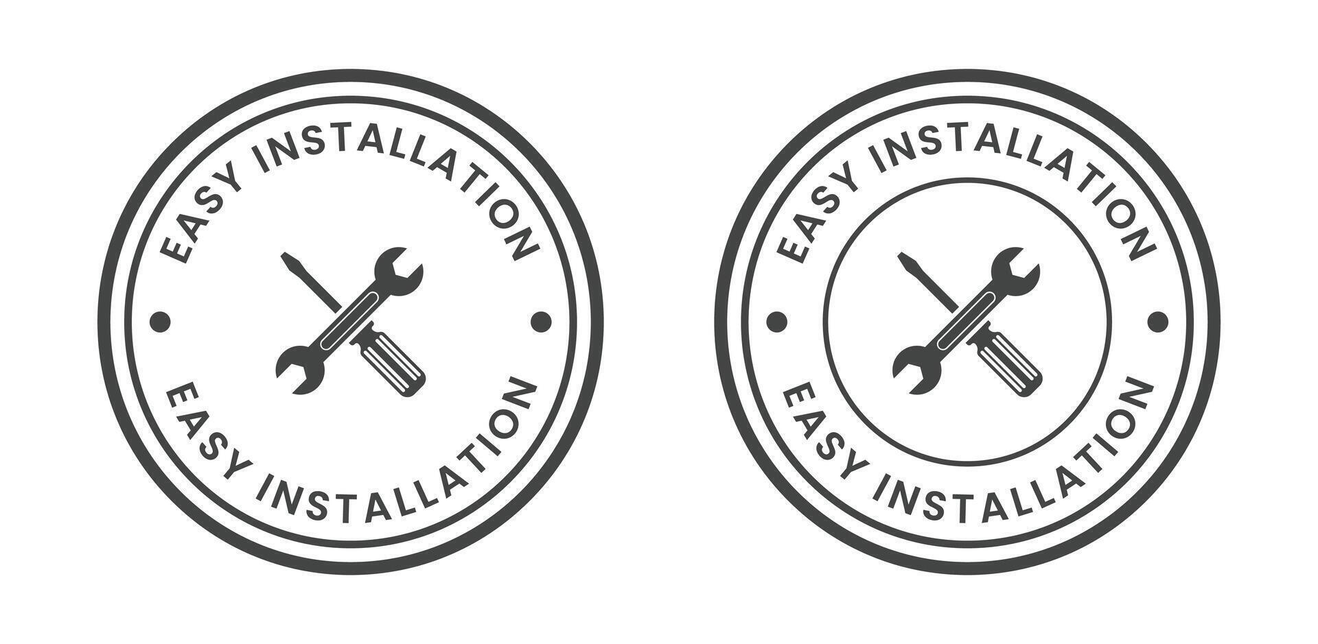 Easy installation label with wrench and screwdriver icon, minimal circular badge for product manual, packaging design, tools branding, instruction mark, repair symbol use vector