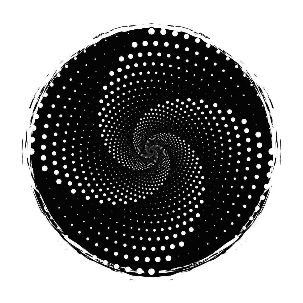 Halftone Dot Spiral Vortex in Grunge Circle Frame - Abstract Psychedelic Optical Art vector