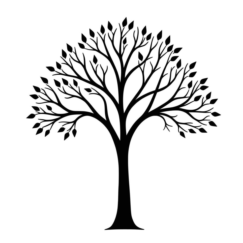 Stylized silhouette of a deciduous tree with a thick trunk and spreading branches adorned with numerous small leaves vector