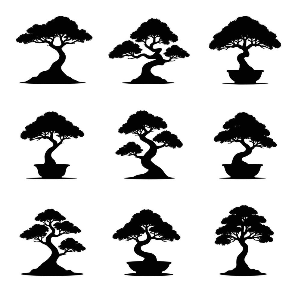 Collection of silhouetted bonsai trees in pots showcasing various artistic shapes and forms vector