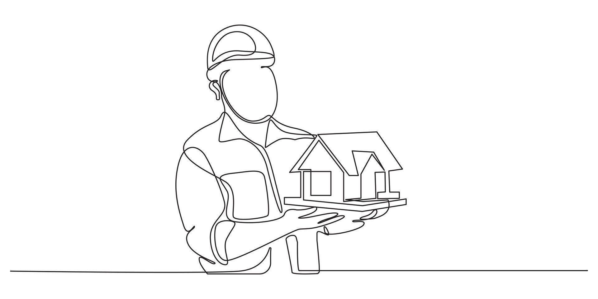 Continuous line drawing of an engineer reviewing blueprints, vector