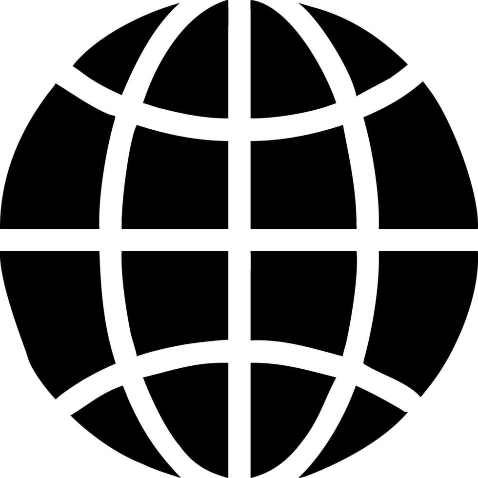 A stark black and white graphic of a globe, featuring a grid of lines symbolizing continents and global connection. This clean design is perfect for representing international communication, travel vector