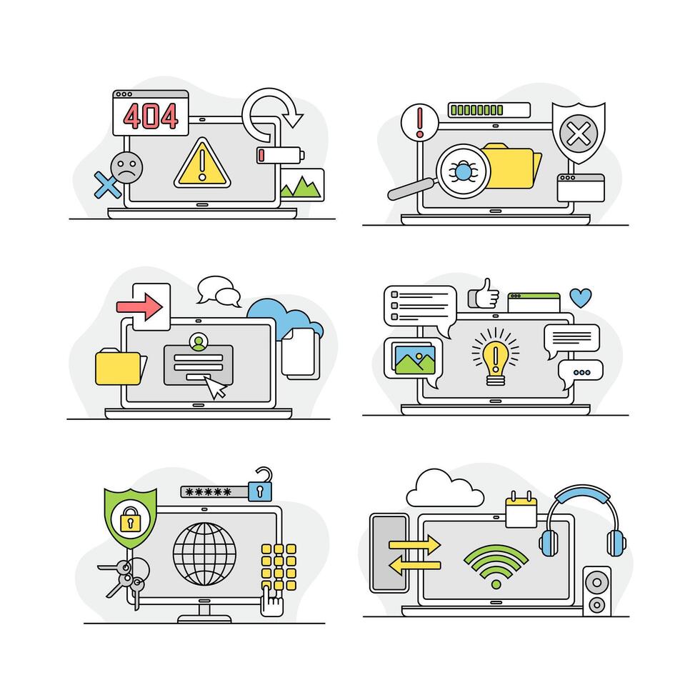 Internet y computadora servicios lineal señales colocar. datos, información seguridad, técnico instrumentos ilustración vector