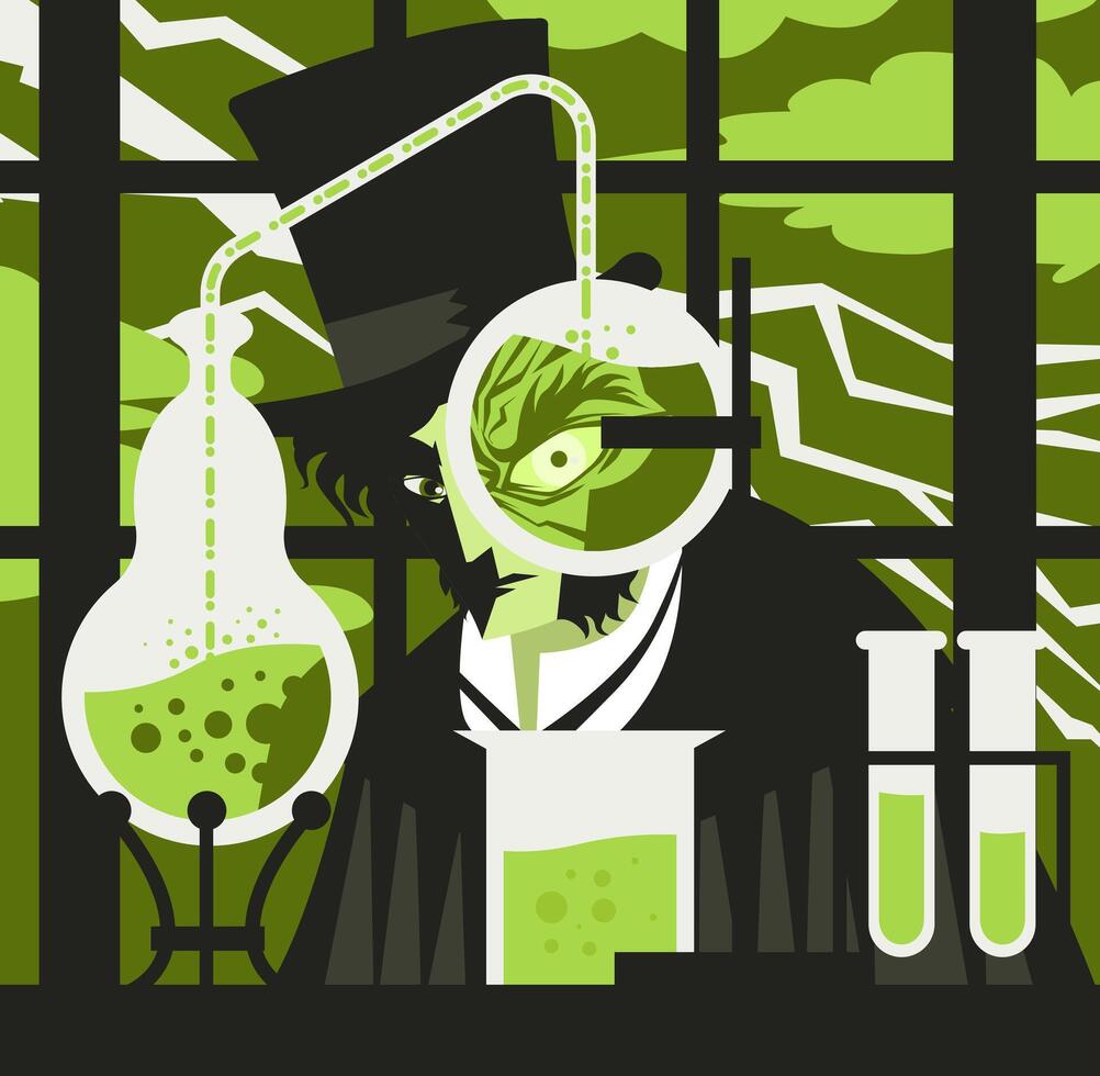 victorian man transforming into monster with lab potions vector