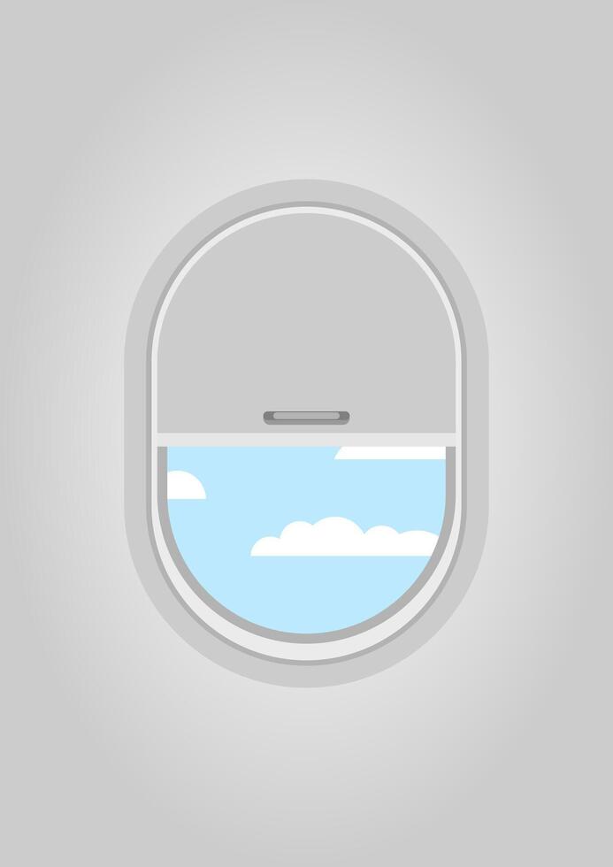 Stylized airplane window with partial shade and sky view, ideal for travel themed designs, airline branding, journey concepts, or minimalist editorial layouts. vector