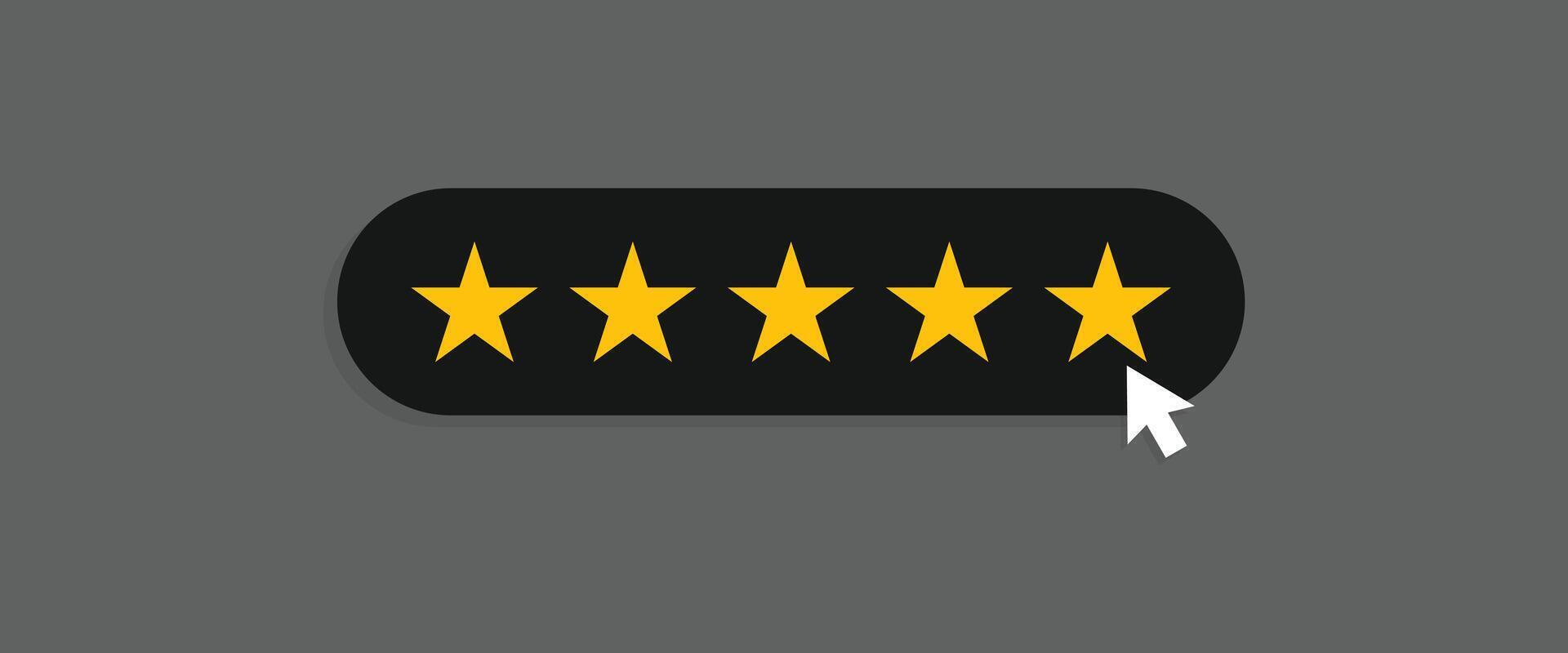 Dark theme five star rating with mouse cursor click. Customer review and satisfaction feedback symbol vector