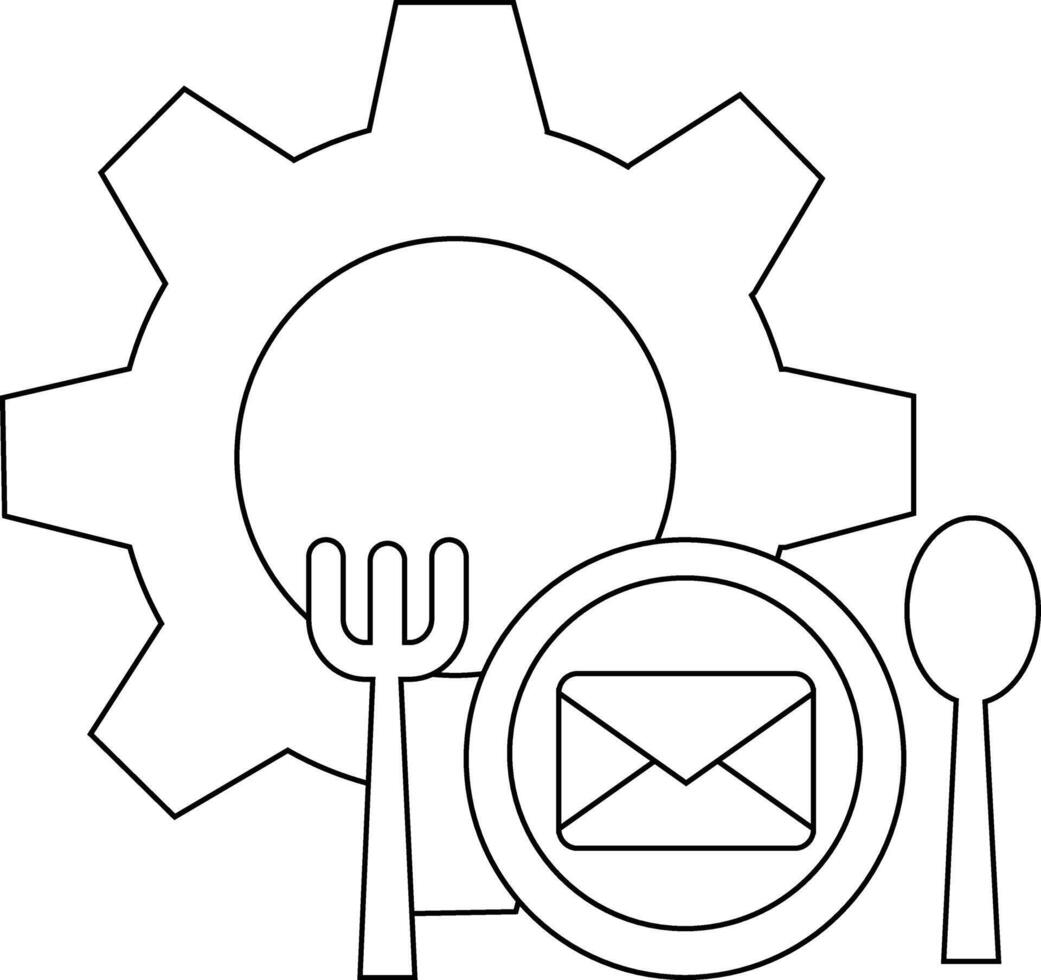 A cogwheel centers a fork a plate with an envelope and a spoon all outlined in black against a white background vector