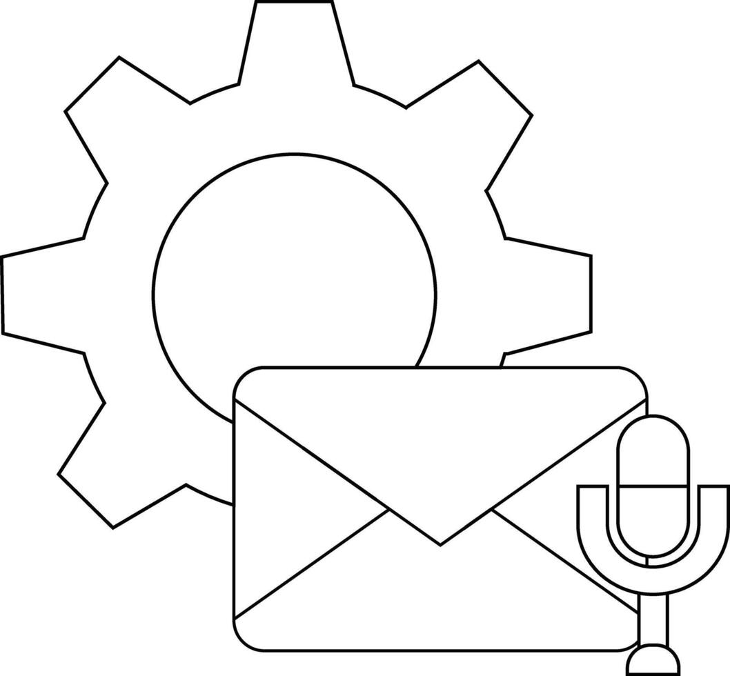 A gear behind an envelope microphone all in outline form showing tech features vector