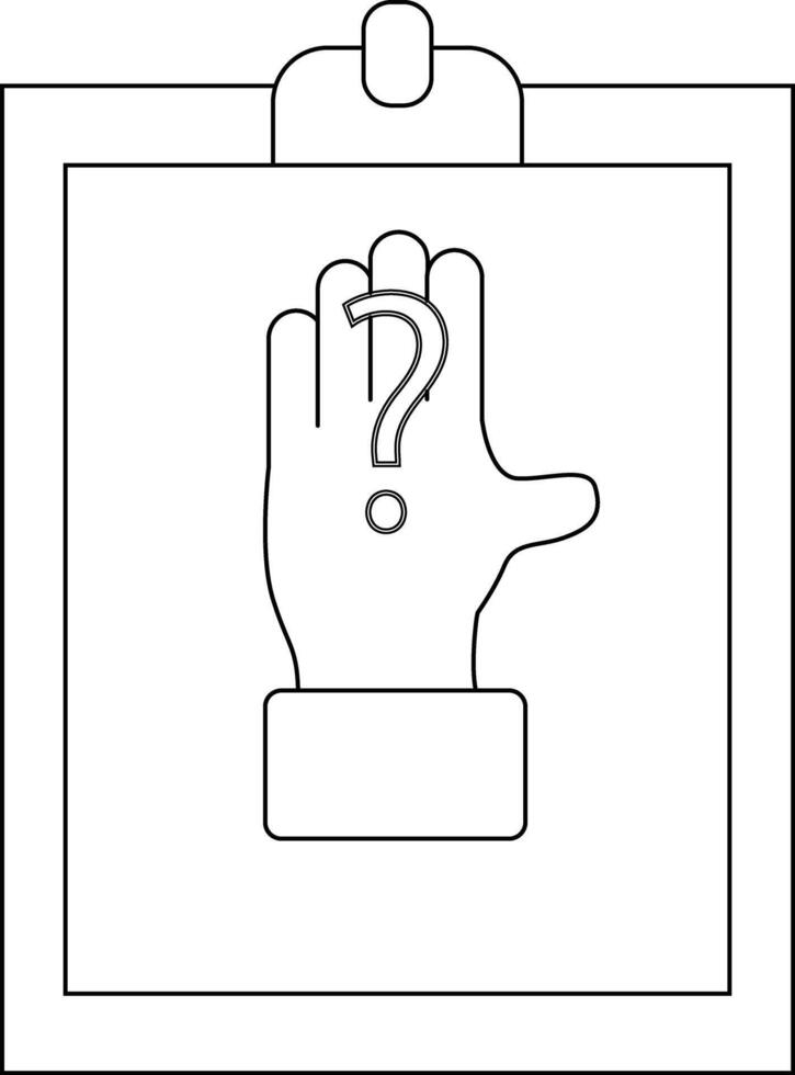 línea Arte representa un mano en un portapapeles con un pregunta marca símbolo en el palma vector