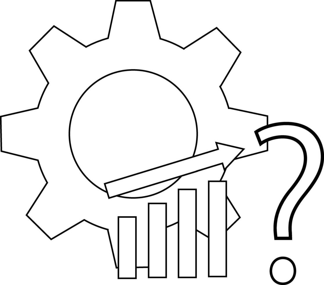 A line drawing of a gear a question mark a graph with an arrow going up vector