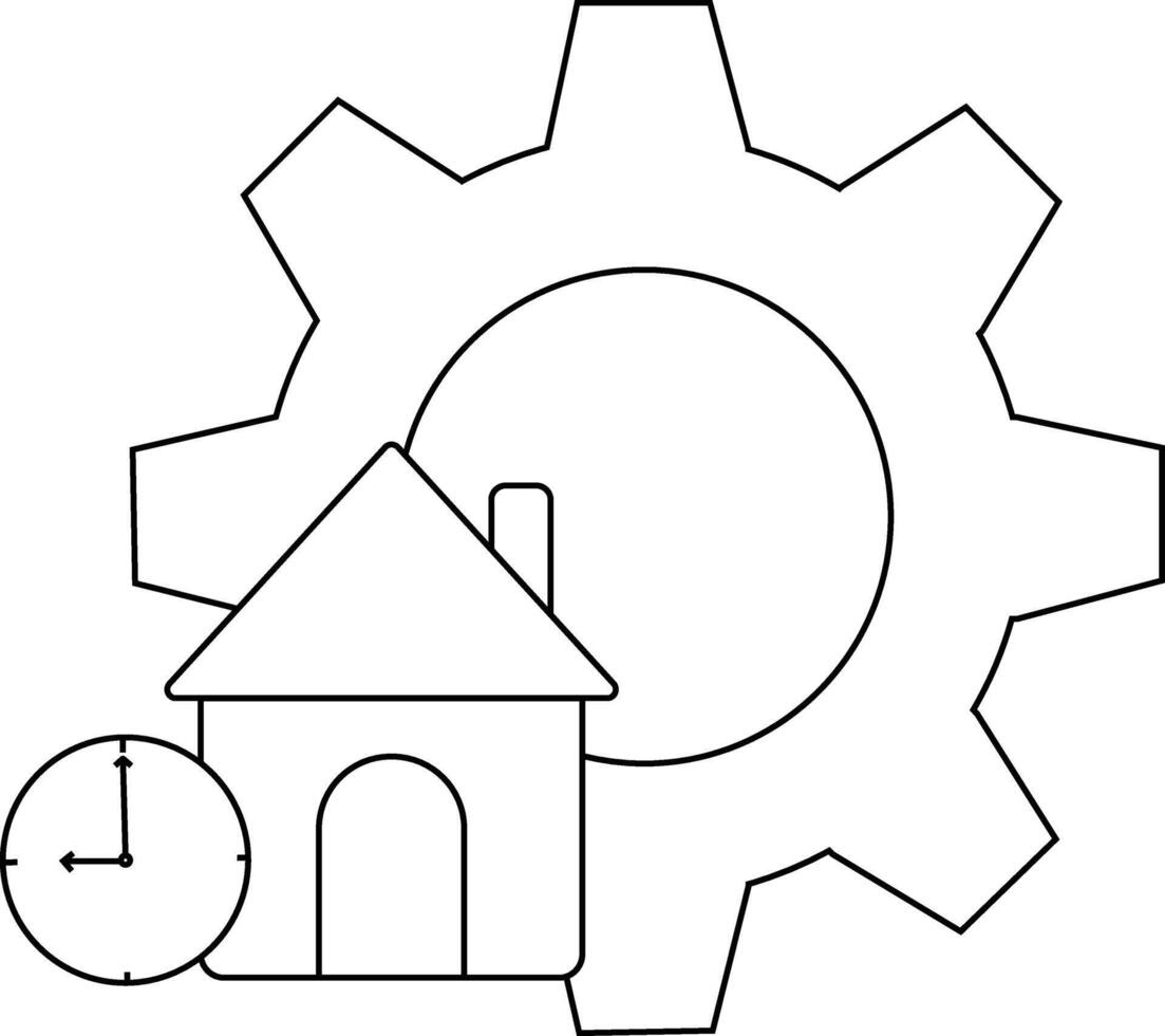 A house icon with a gear behind it and a clock beside it in a line drawing vector