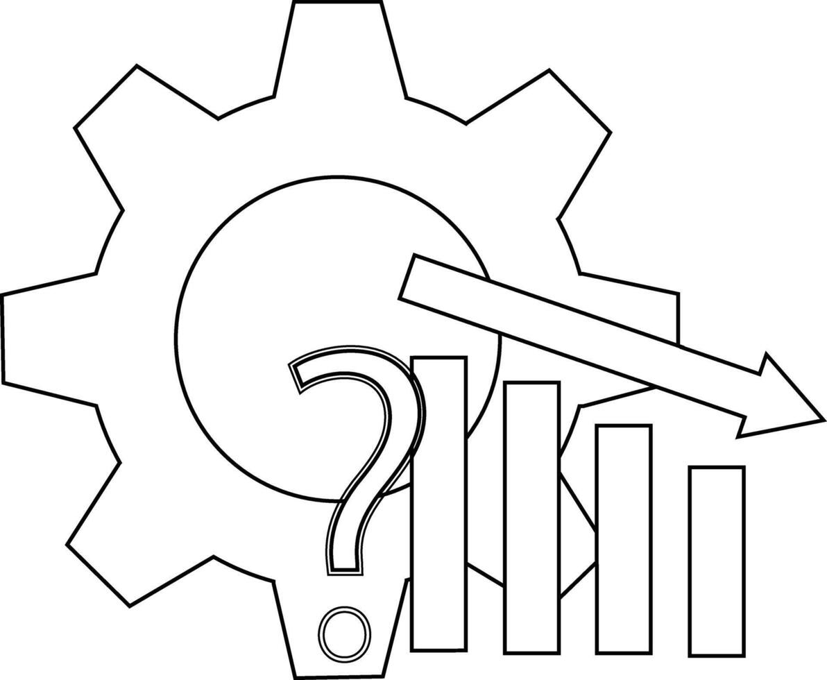 Outlined drawing features a cog question mark descending arrow and chart bars vector