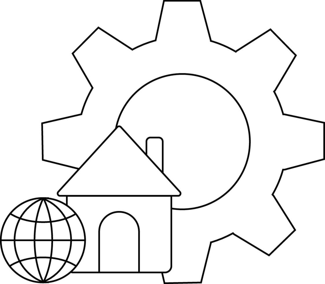 A house and globe in front of a gear all in outline style vector