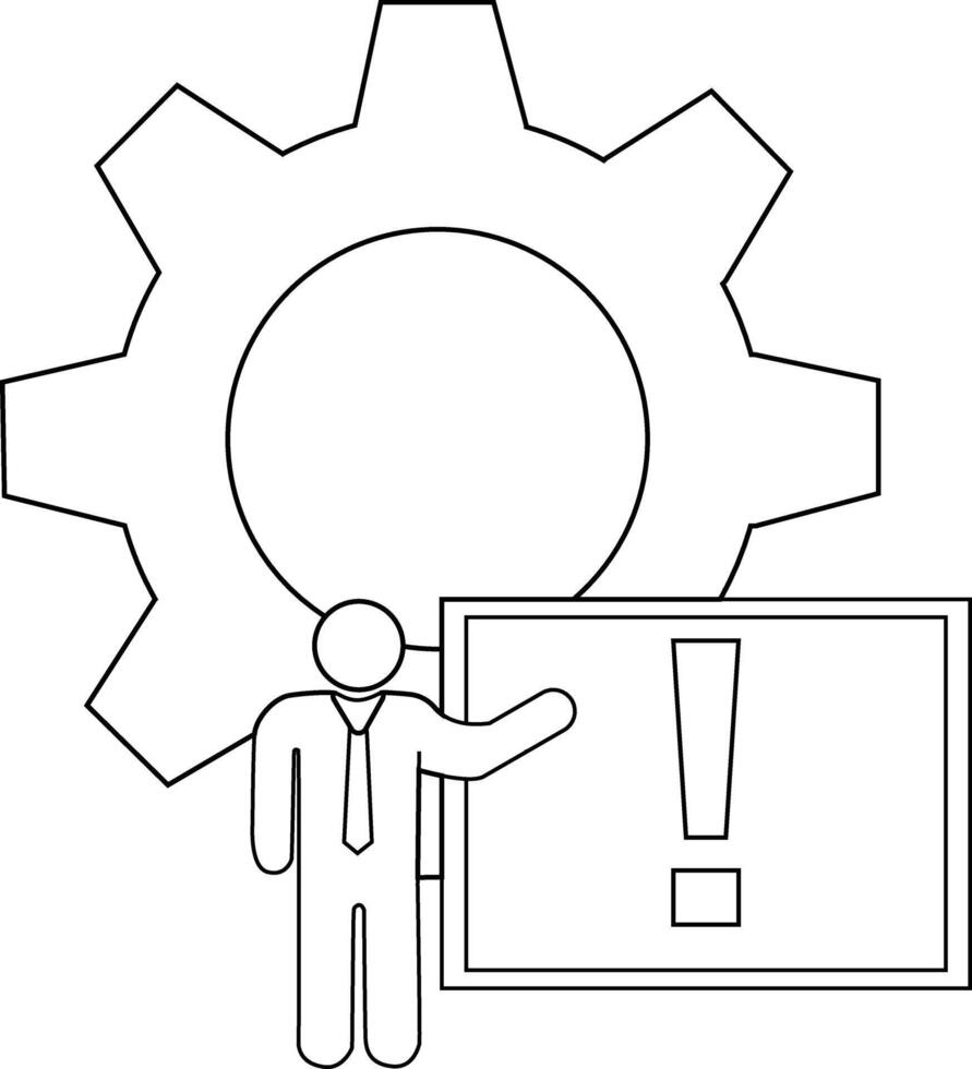 Outline A man in a suit next to a sign with an exclamation point with a gear in the background vector