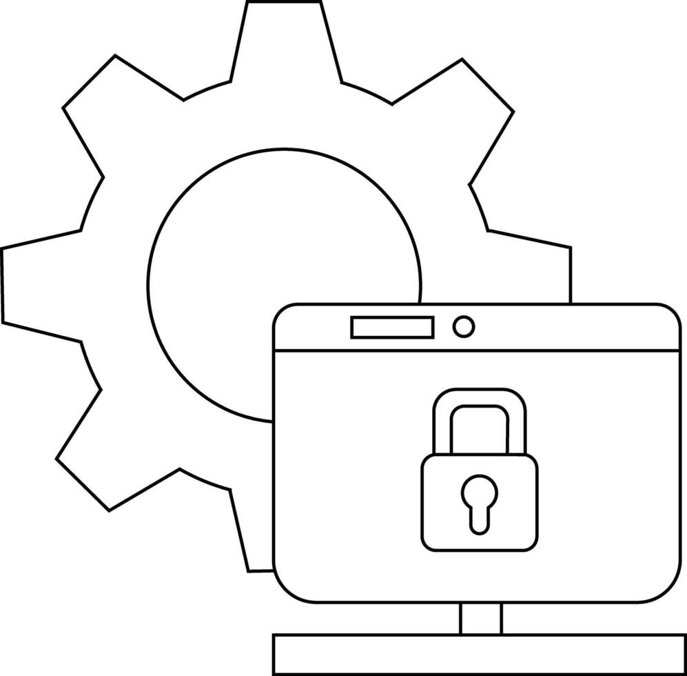A computer with a padlock displayed on the screen sits in front of a gear vector